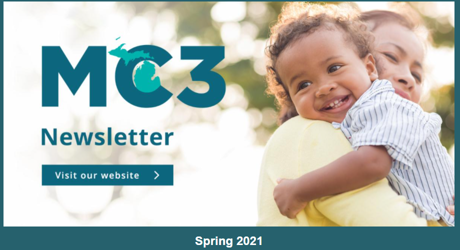 Screen shot of the newsletter header, which is an image of a young happy child being held by its mother with the MC3 logo on top of it and the word "Newsletter"