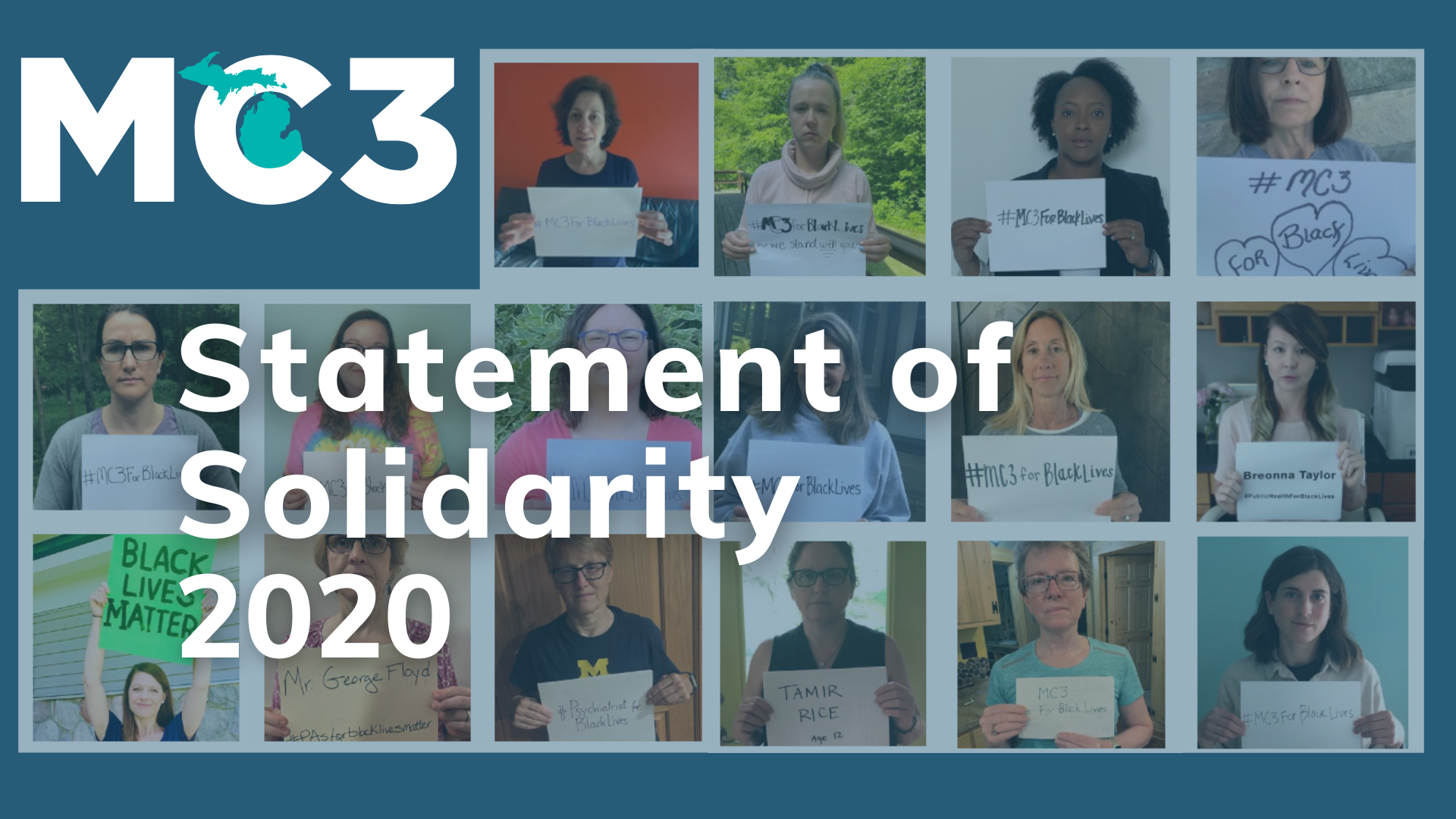 MC3 Statement of solidarity 2020 with photos of staff members holding up antiracism signs