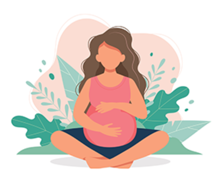 Artwork of pregnant woman sitting on the floor holding her belly in front of green foliage