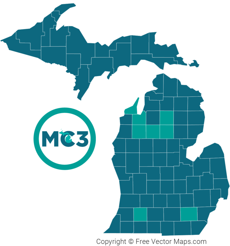 Map of Michigan counties with 8 colored in teal and the rest in green-blue next to the MC3 logo.