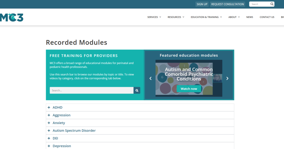 Screenshot of MC3 Recorded Modules web page with featured videos and dropdown categories