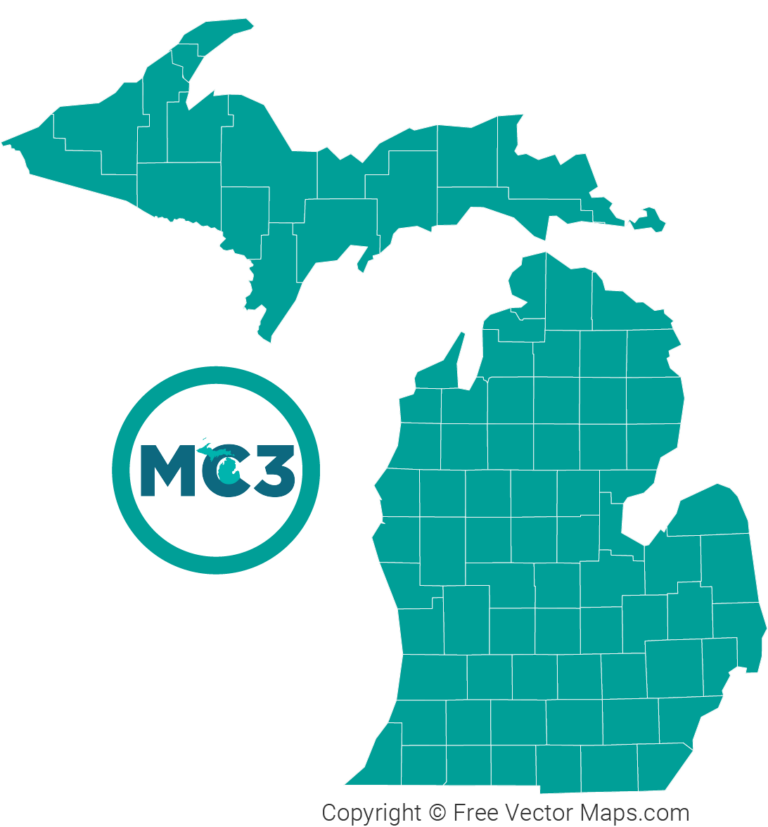 Map of Michigan with all 83 counties colored in teal next to the MC3 logo.