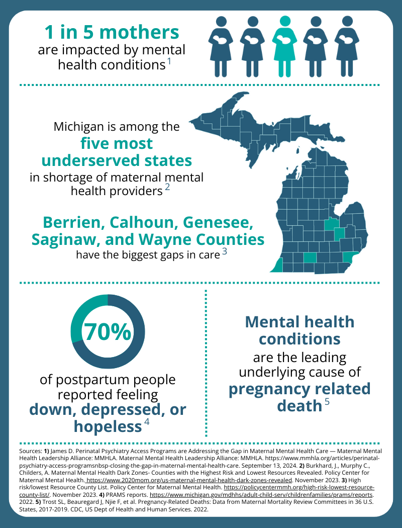 Infographic reading 1 in 5 mothers are impacted by mental health conditions; Michigan is among the five most underserved states in shortage of maternal mental health providers; Berrien, Calhoun, Genesee, Saginaw, and Wayne counties have the biggest gaps in care; 70% of postpartum people reported feeling down, depressed, or hopeless; Mental health conditions are the leading underlying cause of pregnancy related death.