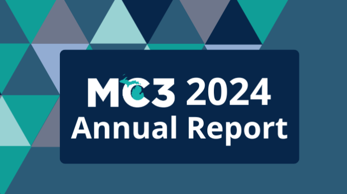 White MC3 logo with white text reading 2024 Annual Report on dark blue background with blue and teal triangles in background.