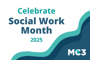 Text reading Celebrate Social Work Month 2025 with teal and blue wave design and white MC3 logo.