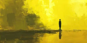 Drawing of a silhouette standing in the distance with yellow and gray abstract background.