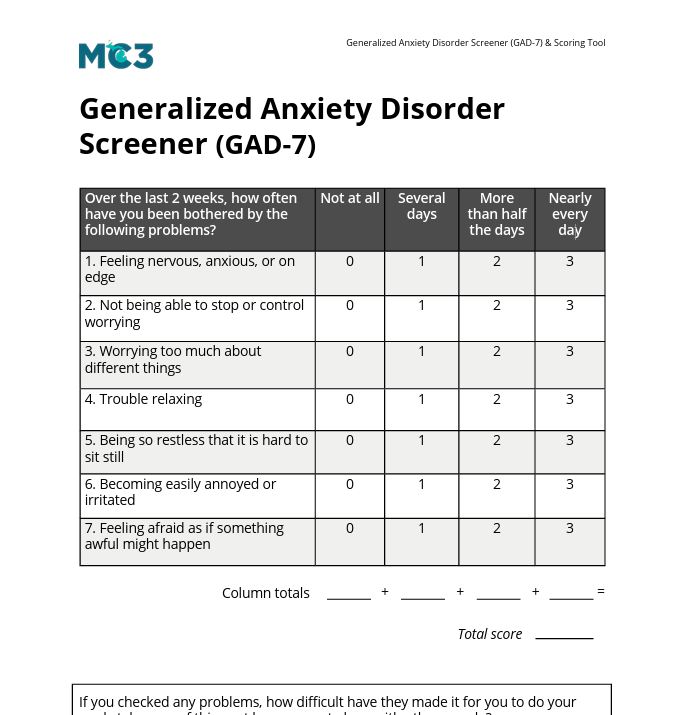 MC3 GAD-7 Screener & Scoring Tool PDF.