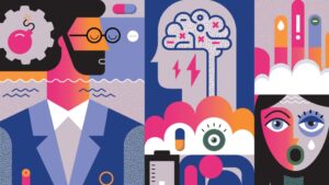 Illustration of male doctor and distressed woman among mental health imagery.