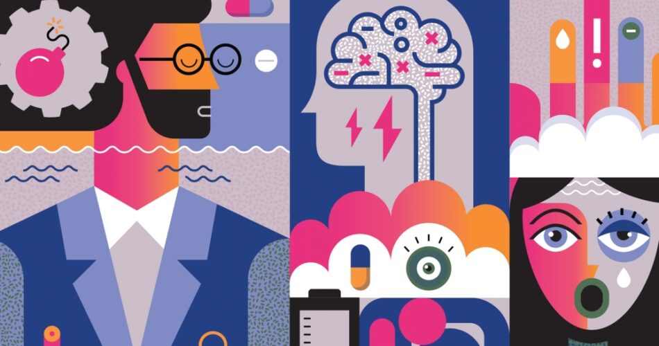 Illustration of male doctor and distressed woman among mental health imagery.