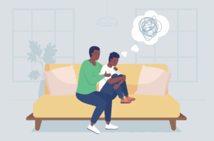 Illustration of a parent embracing their distressed teen child on a couch.