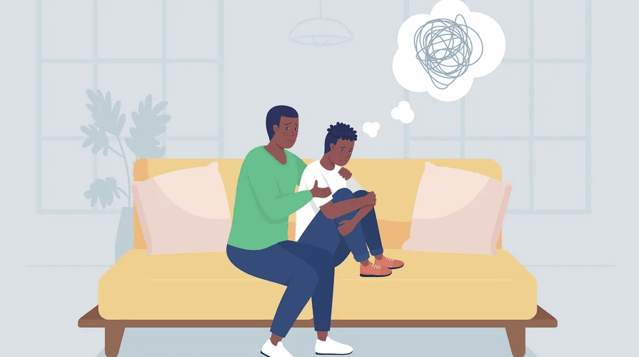 Illustration of a parent embracing their distressed teen child on a couch.
