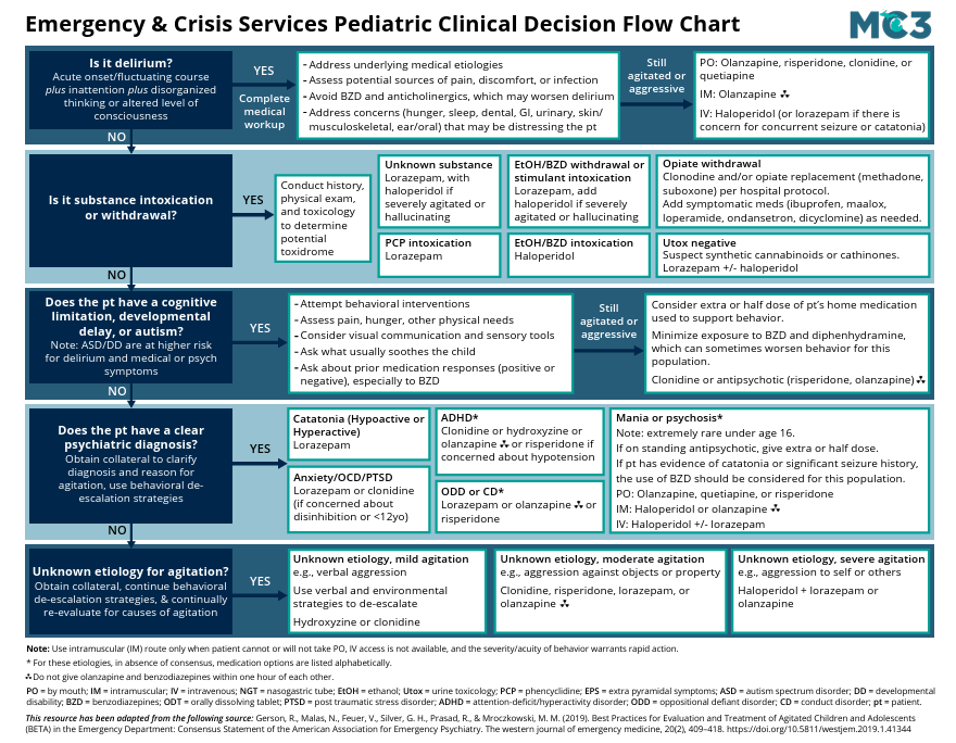 Preview of MC3 Pediatric Clinical Decision Flow Chart to Address Youth Agitation and Aggression.