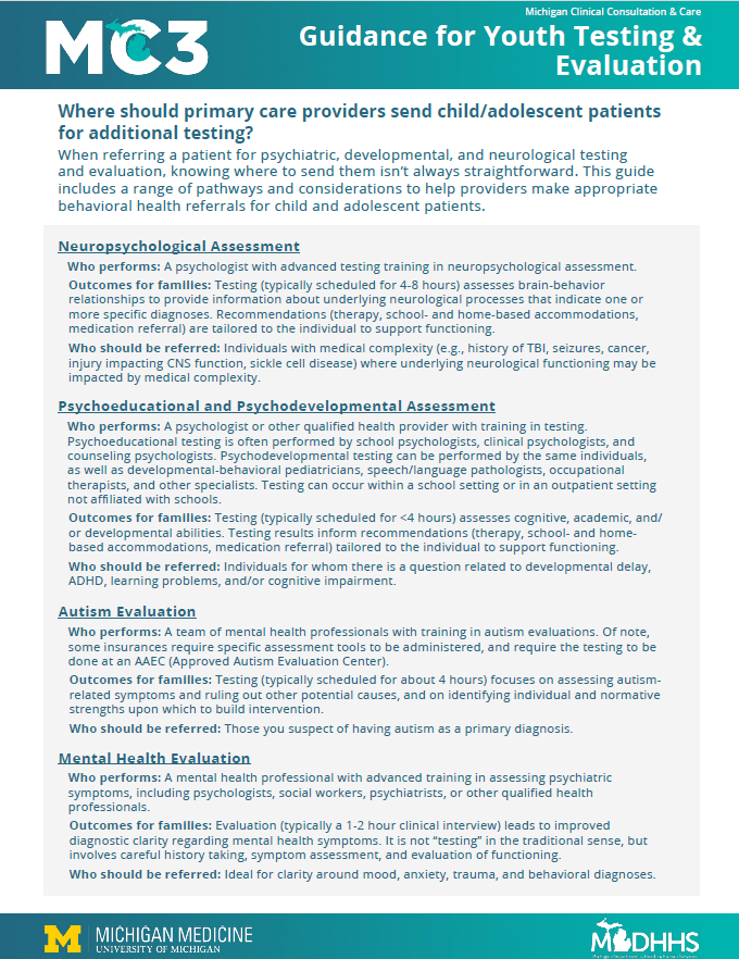Preview of MC3 resource Guidance for Youth Testing & Evaluation.