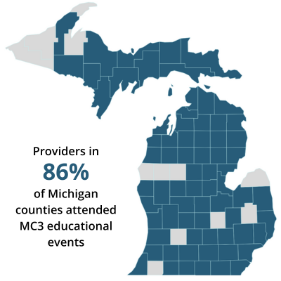 Map of Michigan counties representing providers in 86% of counties attended MC3 educational events.