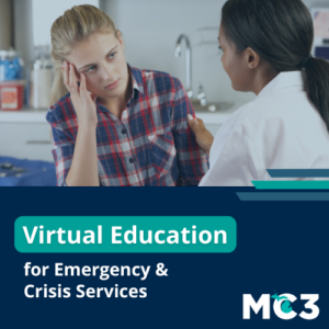 Distressed teen sitting across from an emergency doctor in a patient room with white text that says Virtual Education for Emergency & Crisis Services.
