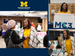 Photo collage of Carmen Harrison speaking with patients and exhibiting at events.