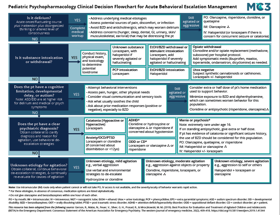 Preview of Pediatric Psychopharmacology Clinical Decision Flowchart for Acute Behavioral Escalation Management.