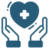 Teal heart with health icon in the middle embraced by two hands on either side.