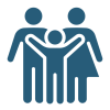 Blue icon with two adults and one child representing a family.