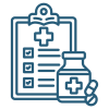 Blue clipboard and pill bottle icons.
