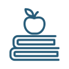 Blue icon outline of textbooks with an apple stacked on top.